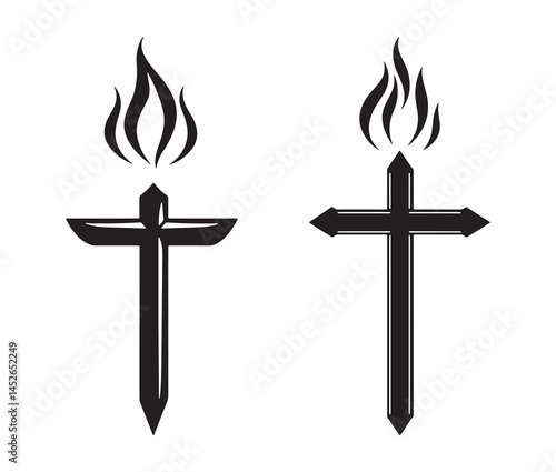 Pentecostal cross icon with fire. Minimalist pentecostal cross silhouette. 