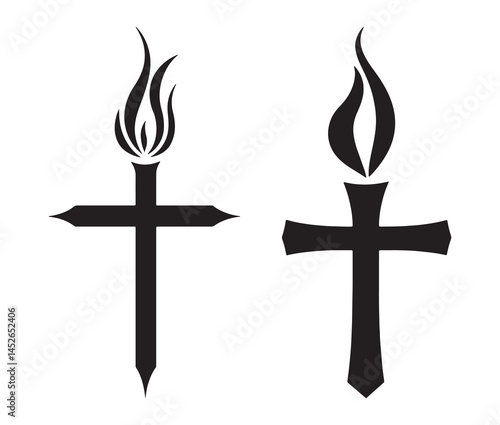 Pentecostal cross icon with fire. Minimalist pentecostal cross silhouette. 