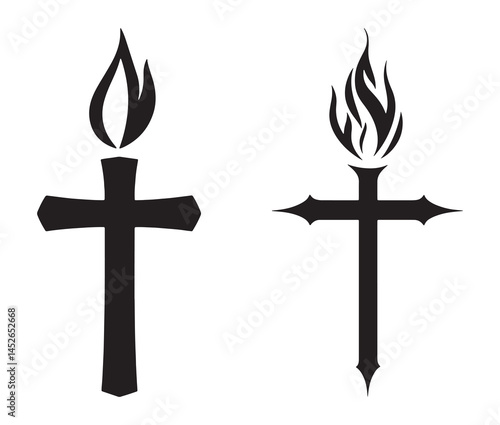 Pentecostal cross icon with fire. Minimalist pentecostal cross silhouette. 