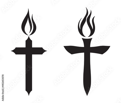 Pentecostal cross icon with fire. Minimalist pentecostal cross silhouette. 