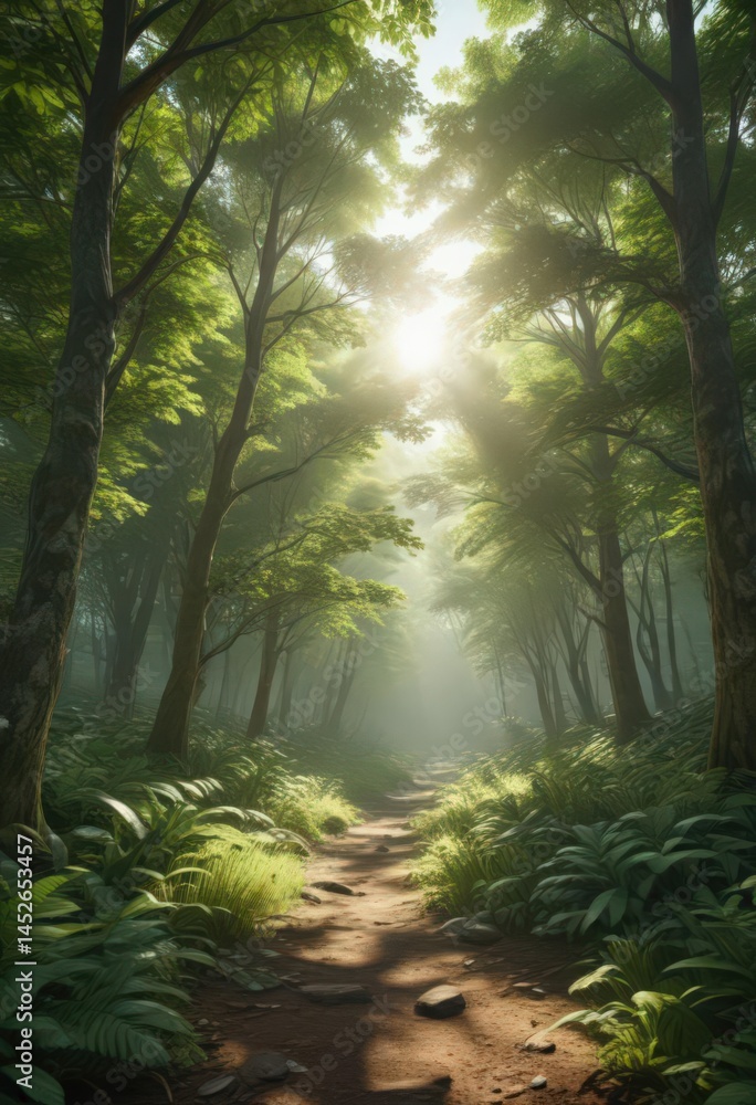 Fototapeta premium Lush green forest with dappled sunlight filtering through leaves, backdrop, undergrowth