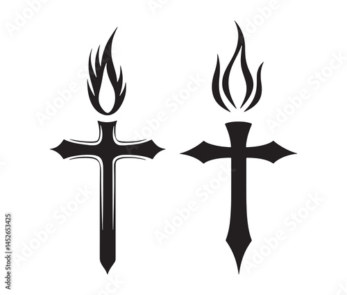 Pentecostal cross icon with fire. Minimalist pentecostal cross silhouette. 
