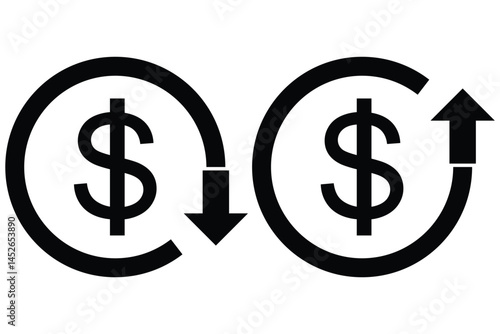 Money increase or decrease icon set. dollar decrease increase symbol. Dollar coin graph up and down. Money cost arrow growth, decline. dollar cost reduction icon.