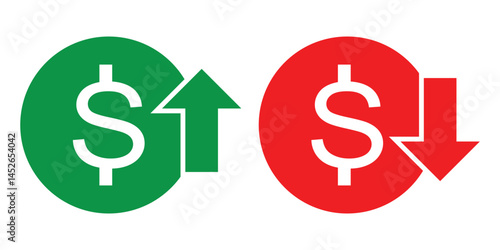 Dollar price up and down vector icon in outline style. Dollar coin graph up and down symbol. Money cost arrow growth, decline. Up and down dollar outline icon. cost reduction icon.