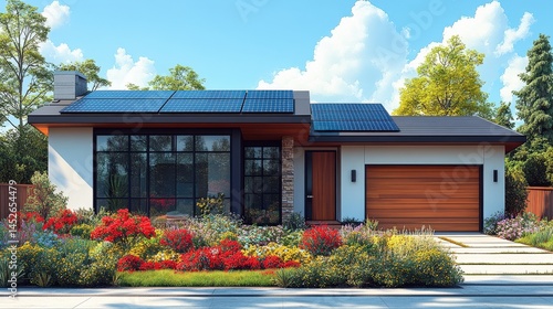 Modern residential house with solar panels, vibrant flower garden, and clear blue sky