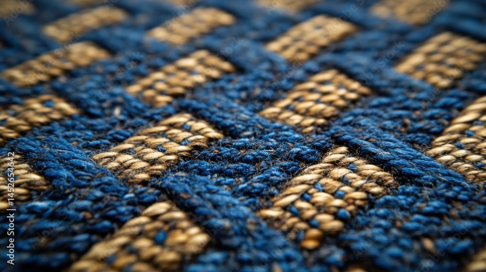 Close-up view of textured, woven fabric with blue and gold threads Close-up view of textured, woven fabric with blue and gold threads