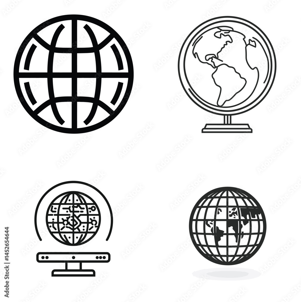 Four Globe Icons Black Outline Styles Depicting Different Earth Representations Four Globe Icons Black Outline Styles Depicting Different Earth Representations
