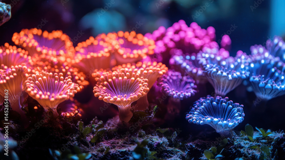 coral-like crop structures inside underwater agriculture zone with LED light strips coral-like crop structures inside underwater agriculture zone with LED light strips
