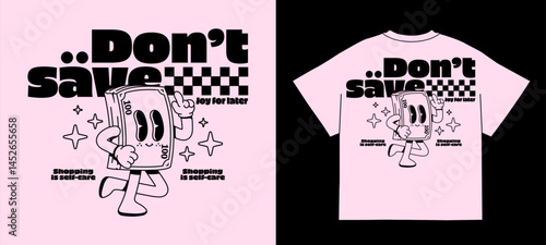 Сartoon print. Funny running money character with bold text and retro checkered accents. Design for streetwear or back print. Vector