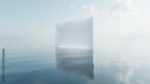 Minimalist White Wall in Water, Conceptual Calm Landscape, Serene Reflection, Sky and Sea, Abstract Architecture, Modern Art