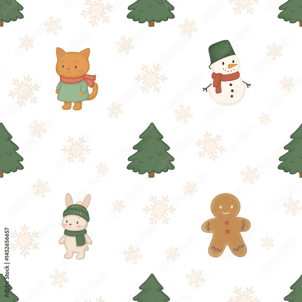 Seamless Christmas winter pattern with cute snowman, cat and bunny on white background. Cute winter animals. Winter print for kids fabric Seamless Christmas winter pattern with cute snowman, cat and bunny on white background. Cute winter animals. Winter print for kids fabric