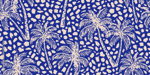 Tropical palm trees pattern with leopard background. Hawaii summer fashion for fabric, textiles, clothing, poster, cover, decoration, banner, wallpaper, interior decor. Vector illustration.
