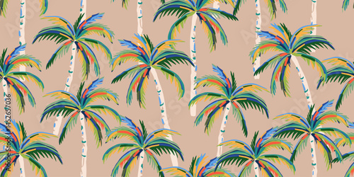 Tropical pattern with freehand drawn palm trees. Hawaiian summer background. Coconut tree print for fabric, textiles, packaging, cover, poster, banner, wallpaper, interior decor. Vector illustration.