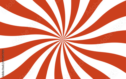 Abstract  dynamic radial burst pattern with alternating red and white spiraling rays. Vintage and eye catching aesthetic suitable for pop-art backgrounds, posters, and visual illusions. 