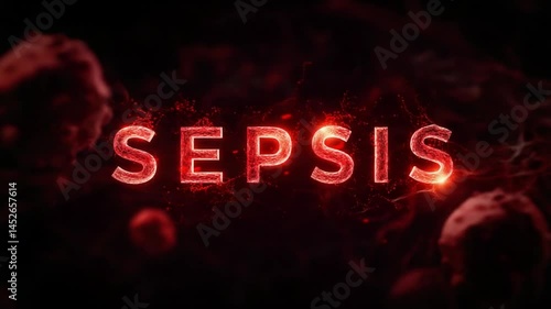 Glowing representation of the word 'SEPSIS' surrounded by abstract cellular imagery, highlighting medical awareness