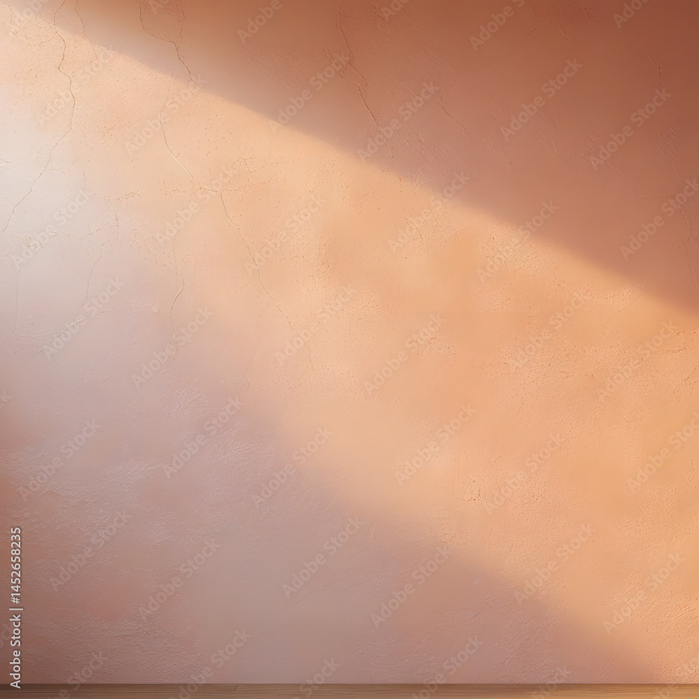 Fototapeta premium Sunlit Wall: Soft natural light caresses a textured terracotta wall, casting dramatic shadows that dance across the warm, earthy surface. A minimalist composition.