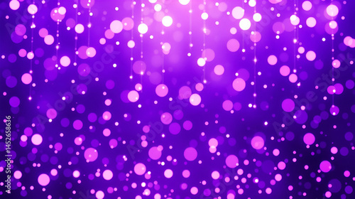 Abstract bright purple shimmer glowing round falling particles vector background. Scatter shine tinsel light explosion effect. Sparkle violet dots. Celebration, holidays and party illustration