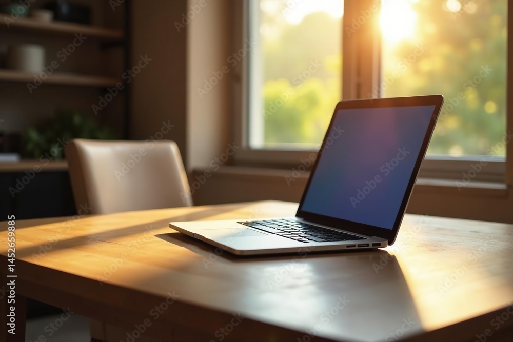 Empty chair at table, laptop closed, sunlight streaming, abandoned, room Empty chair at table, laptop closed, sunlight streaming, abandoned, room
