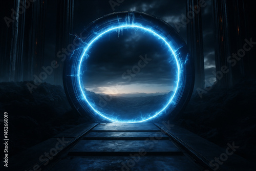 Illustration of time travel portal with lightning blue light.