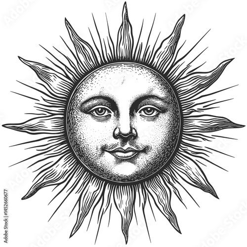 Sun symbol in vintage woodcut engraving, celestial vector art, black sketch style, retro sun face, alchemy motif, old mystical design, cosmic vibes, spiritual wall art,