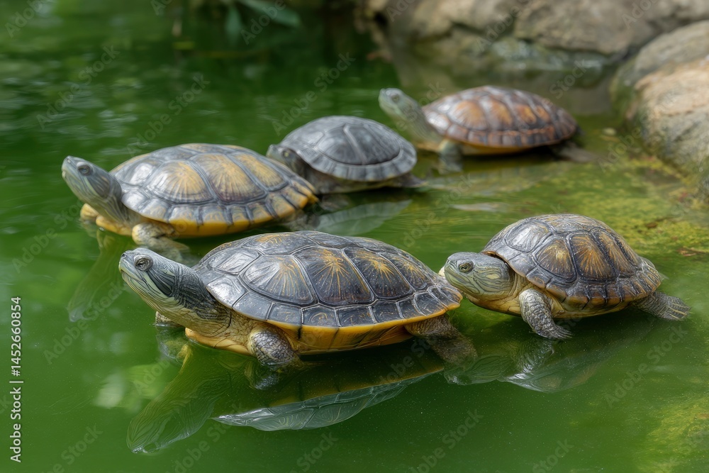 Naklejka premium Turtles in Green Pond