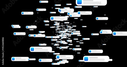 Fly through notifications in space. Galaxy of mobile alerts. Seamless loop of social media messages. Perspective tunnel of messenger text and chat boxes. MOV animation overlays.