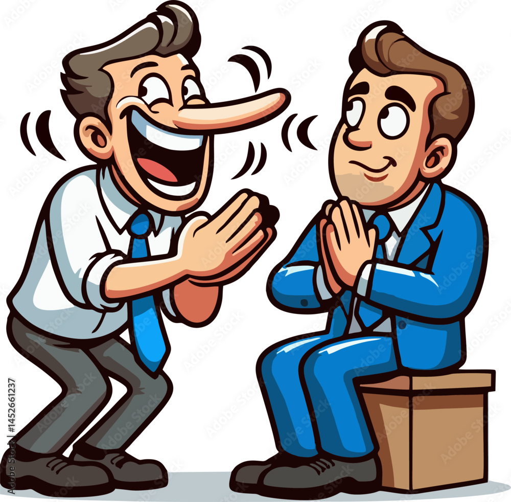 Cartoon Businessman with Long Nose Flattering Boss – Exaggerated Office Sycophant Character Illustration Cartoon Businessman with Long Nose Flattering Boss – Exaggerated Office Sycophant Character Illustration