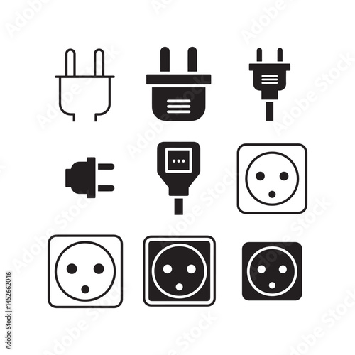 Minimalist Icons of Plugs, Sockets, and Energy Connectors, Power Outlet and Plug Symbol Set in Monochrome Style