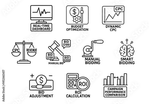 paid traffic advertising optimization concept. Digital marketing analytics icons showcasing various bidding strategies and optimizations.
