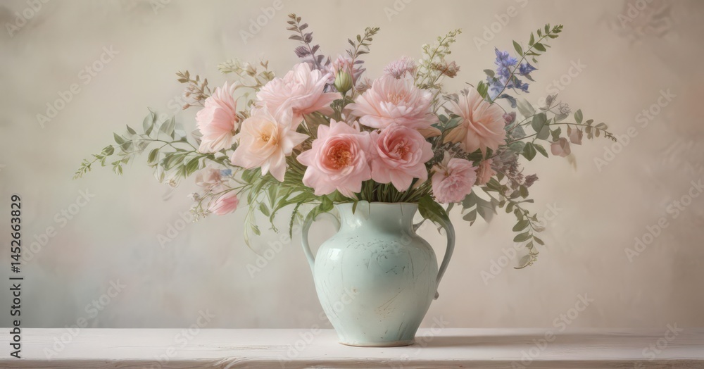 Fototapeta premium Delicate pastel watercolor blooms in a vintage vase , wall art, pretty, illustration