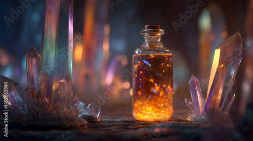 A glowing glass bottle with shimmering liquid surrounded by radiant multicolored crystals, set in a fantastical cave with magical ambiance.