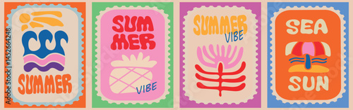 Summer vibe. Vector summer minimal art illustration of postage stamp with beach, wave, sea, sun, fruits for poster, card, background, invitation, print, icon or flyer. 
