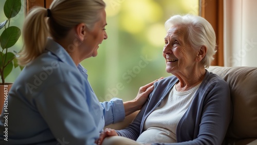 Elderly woman sitting comfortably with caregiver, Peaceful and protected environment, Care for senior individuals