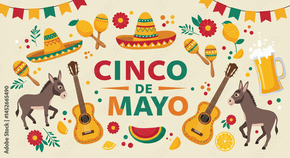 A festive illustration with elements associated with Cinco de Mayo.
A festive illustration with elements associated with Cinco de Mayo.