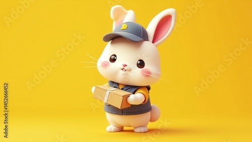 Cute delivery rabbit in uniform holding package on vibrant yellow background for marketing campaign, advertising illustration, or corporate branding materials with copy space for text