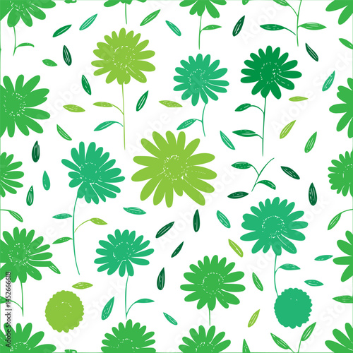 Seamless floral pattern with vibrant green daisies on a clean white background