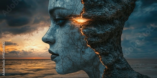 A fantastical face torn by experience one half thriving with bioluminescent life, the other forged by mental focus.