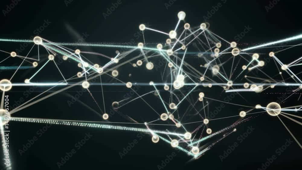 Complex network growing, connecting lines and dots evolving on a black background
