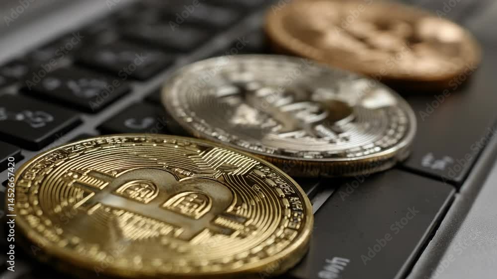 Conceptual image displaying crypto coins in gold, silver, bronze colors on black keyboard, illustrating virtual money