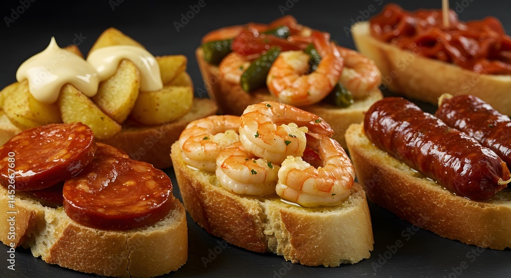 Close up of assorted tapas on bread against dark backdrop Close up of assorted tapas on bread against dark backdrop