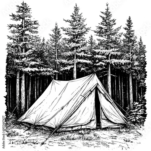 Tent in forest, vintage woodcut engraving style, old sketch, black ink illustration, outdoor camping scene, hand drawn retro art, wilderness nature vector, rustic woodland adventure, tree landscape,