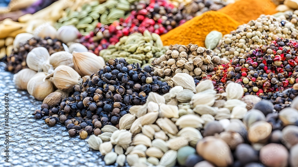 Fototapeta premium Vibrant Aromatic Spices Collection, Diverse Peppercorns, Cardamom, Turmeric, and More