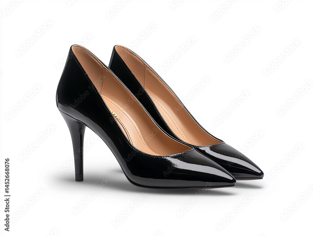 High-Resolution Black Leather Pointed-Toe High Heels White Background High-Resolution Black Leather Pointed-Toe High Heels White Background