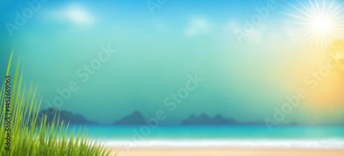 Obraz na płótnie illustration stylized illustration of sunny beach landscape with sand water islands sky and grass foreground w salonie