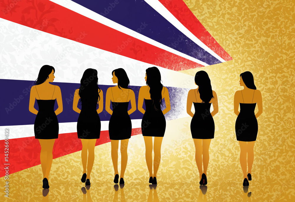 abstract stylized illustration of two female figures in black dresses against striped and gold background