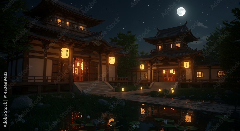Japanese Temple at Night with Moon and Lanterns Japanese Temple at Night with Moon and Lanterns