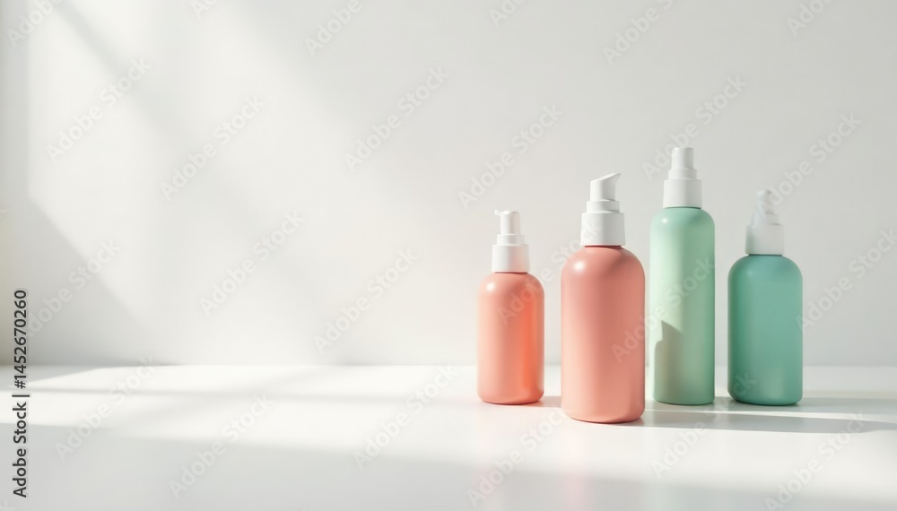 Set of skincare bottles on pristine white backdrop, backgroundwhite, products, background Set of skincare bottles on pristine white backdrop, backgroundwhite, products, background