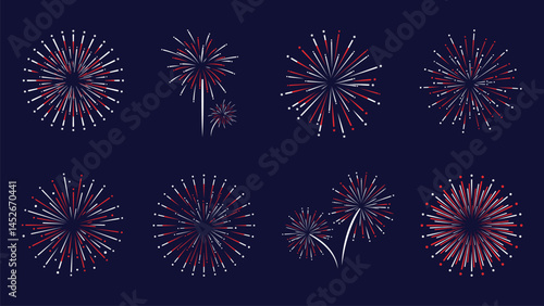 Festive Red and White Fireworks Vector Set on Dark Blue Background