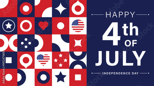 Modern 4th of July Graphic Design Featuring American Flag Colors, Stars, and Patriotic Symbols for Independence Day Celebration.