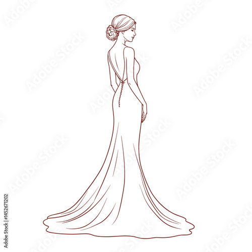 Woman in elegant wedding gown, line art illustration, for invitations